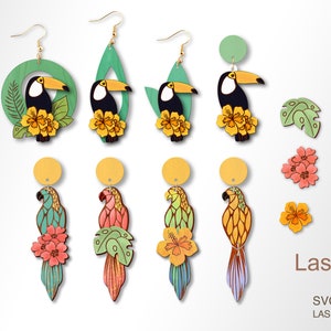 May include: Laser cut wooden earrings featuring toucans and parrots with tropical flowers and leaves. The earrings are available in SVG, PDF, and DXF formats, ready for laser cutting.