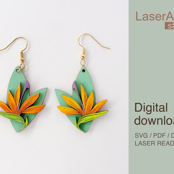 Paradiesvogel Blume Ohrring Laser geschnitten Datei, Ohrring DIGITALE DOWNLOAD-DATEI, Kran Blume Ohrring