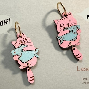Cat and fish funny earring laser cut and engrave file, Earring DIGITAL DOWNLOAD FILE