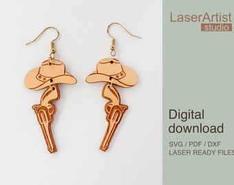 Archivo de corte láser para aretes de vaquero, diseño del oeste (descarga digital)