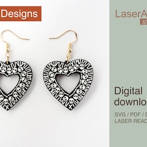 Skull heart earring file for laser, earring DIGITAL DOWNLOAD FILE, earring for Halloween