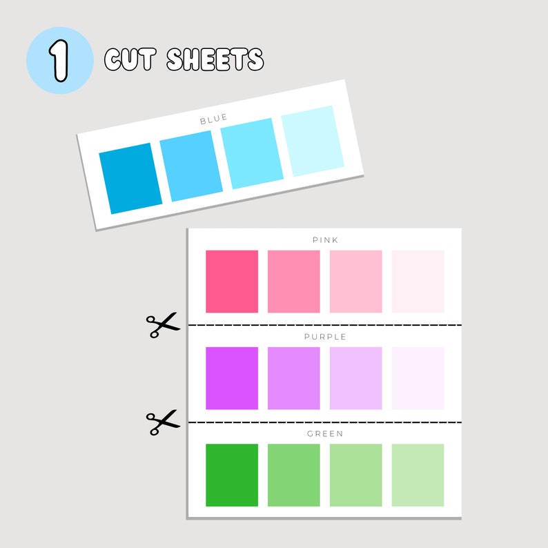 May include: Cut sheets with color swatches in blue, pink, purple, and green. The sheets are labeled with the color names and have dashed lines for cutting.