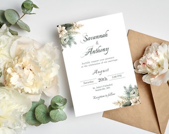 Sage Wedding Invitation Template Set.  Sage RSVP Card, Sage Details Card. Sage Floral Wedding Stationery. #ALD06
