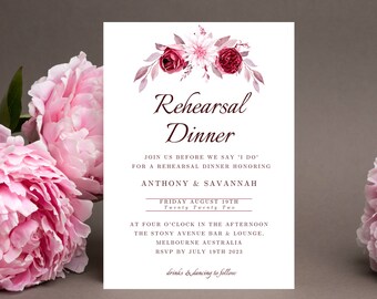Burgundy Floral Rehearsal Dinner Invitation Template, Weekend Itineraries Template. Instant Download #ALD01