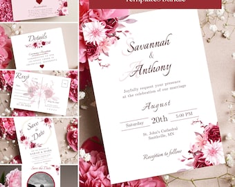 Burgundy Floral Wedding Templates Mega Bundle. 25 Editable Templates Included.  Instant Download. #ALD01