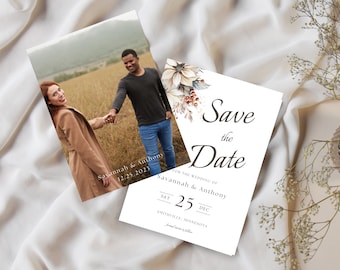 Winter Floral Photo Save the Date Card | Editable Template (Digital Download)