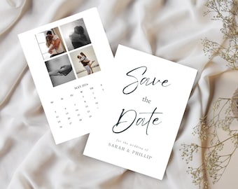 May include: Save the Date card with a calendar showing May 2024, with a photo collage of a couple. The text reads "Save the Date for the wedding of Sarah & Phillip".