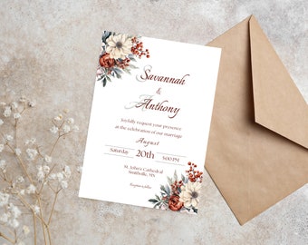 Floral Winter Wedding Invitation Template | Red, White (Digital Download)
