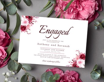 Burgundy Floral Engagement Invitation Template, Printable, Instant Download, Canva Template. #ALD01