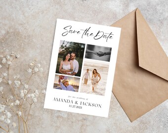 Plantilla minimalista de collage de fotos para anunciar la fecha de la boda (descarga digital)