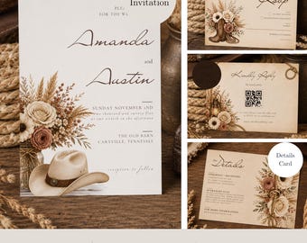 Western Wedding Invitation Template, Rustic Boho Wedding Suite, Editable Canva Invite, Cowboy Ranch Wedding Set, QR RSVP Card