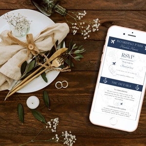 May include: A smartphone mockup with a blue and white wedding invitation on the screen. The invitation is styled like a boarding pass and says "Boarding Pass Honolulu, Hawaii" and "RSVP Please RSVP by March 1st, 2019".