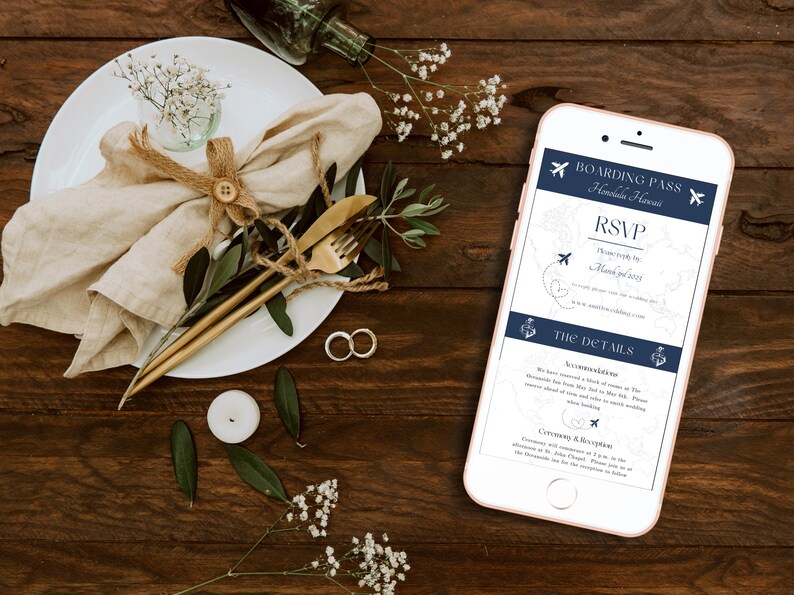 May include: A smartphone mockup with a blue and white wedding invitation on the screen. The invitation is styled like a boarding pass and says "Boarding Pass Honolulu, Hawaii" and "RSVP Please RSVP by March 1st, 2019".