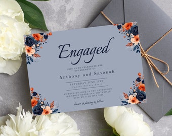 Blue and Orange Floral Engagement Party Invititation Template. Easily Edit With Canva. Instant Download. #ALD02