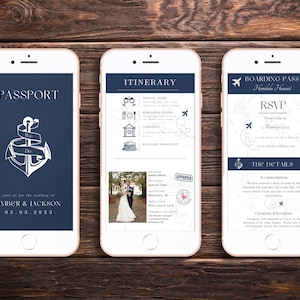 May include: Three smartphone screens showing a wedding invitation with a nautical theme. The first screen shows a passport with an anchor and the text "We Do" and "Amber & Jackson 05.03.2023". The second screen shows an itinerary with icons for a welcome dinner, ceremony, and recovery breakfast. The third screen shows a boarding pass with the text "RSVP" and "The Details".