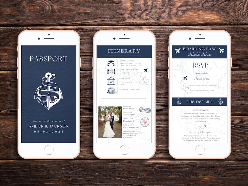 May include: Three smartphone screens showing a wedding invitation with a nautical theme. The first screen shows a passport with an anchor and the text "We Do" and "Amber & Jackson 05.03.2023". The second screen shows an itinerary with icons for a welcome dinner, ceremony, and recovery breakfast. The third screen shows a boarding pass with the text "RSVP" and "The Details".