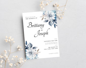 Dusty Blue Floral Wedding Invitation Suite: Minimalist Template (Digital Download)