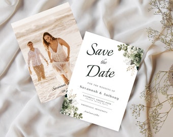 Sage Green Floral Photo Save the Date Template (Digital Download)