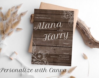 Rustic Wood Wedding Invitation Template Set, Photo Save the Date (Canva Template)