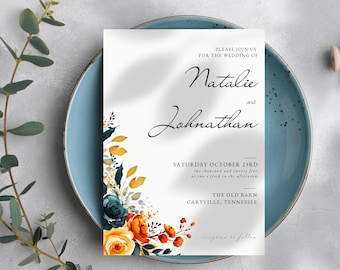 Burnt Orange Wedding Invitation Template, Fall Wedding Invitation Suite, Navy Floral Wedding Invite, Editable Canva Template