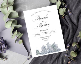 Watercolor Pine Tree Winter Wedding Invitation Set (Digital Download)