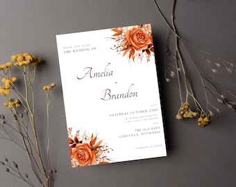 Rust Orange Floral Wedding Invitation Suite, Boho Fall Invite (Printable Canva Template)