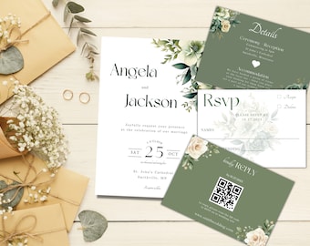 Sage Green Wedding Invitation Suite | Printable Floral RSVP (Digital Download)