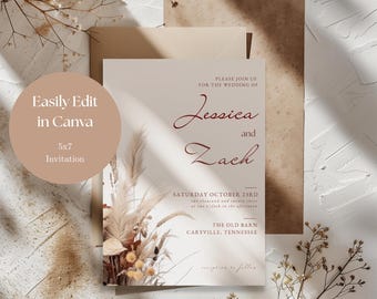 Boho Wedding Invitation Template | Pampas Grass, Terracotta (Instant Download)