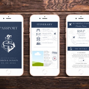 May include: Three smartphone screens showing a wedding invitation with a nautical theme. The first screen shows a passport with an anchor and the text "We Do". The second screen shows an itinerary with icons for a rehearsal dinner, ceremony, and recovery breakfast. The third screen shows a boarding pass with the text "RSVP" and "The Details".