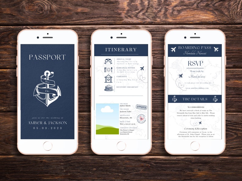 May include: Three smartphone screens showing a wedding invitation with a nautical theme. The first screen shows a passport with an anchor and the text "We Do". The second screen shows an itinerary with icons for a rehearsal dinner, ceremony, and recovery breakfast. The third screen shows a boarding pass with the text "RSVP" and "The Details".
