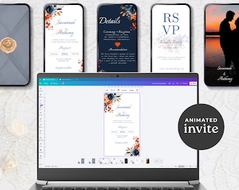Animated Navy Blue Burnt Orange Wedding Invitation (Digital Video)