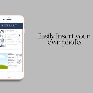 May include: A mobile phone screen displaying a wedding itinerary with a blue and white color scheme. The itinerary includes details for the arrival night, rehearsal dinner, ceremony, and recovery breakfast. The screen also shows a photo of a green hill with a white cloud and a stamp that says "Approved". The text on the screen reads "Itinerary" and "Easily Insert your own photo".