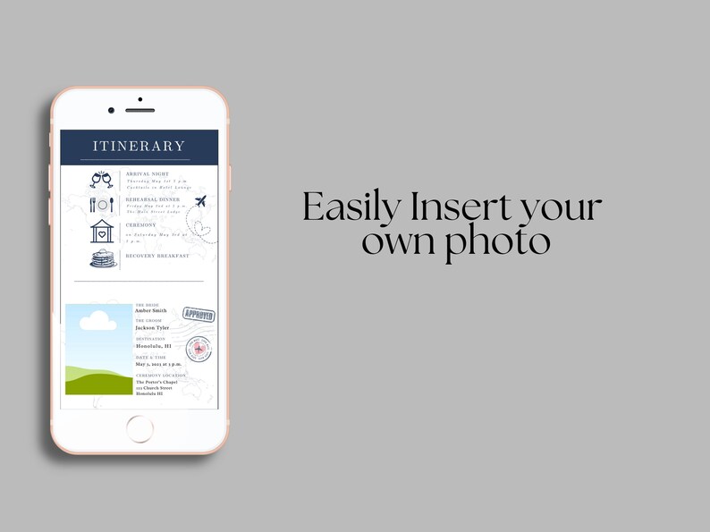 May include: A mobile phone screen displaying a wedding itinerary with a blue and white color scheme. The itinerary includes details for the arrival night, rehearsal dinner, ceremony, and recovery breakfast. The screen also shows a photo of a green hill with a white cloud and a stamp that says "Approved". The text on the screen reads "Itinerary" and "Easily Insert your own photo".