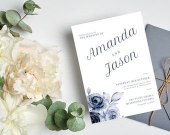 Blue Floral Wedding Invitation Template, Navy Rose Bundle (Digital Download)