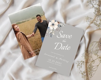 Winter Floral Photo Save the Date Template (Digital Download)