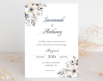 Winter Wedding Invitation Template | Blue Floral, Editable Canva (Digital Download)