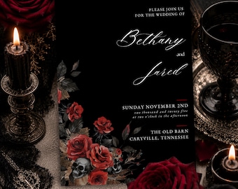 Gothic Wedding Invitation Suite, Editable Dark Romance Wedding Invite, Skull Rose Wedding Template, Black Red Wedding