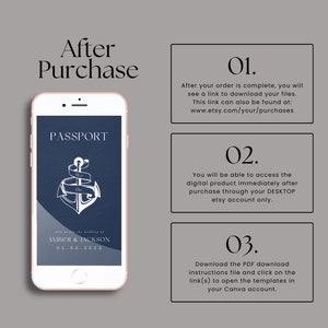 May include: A blue and white printable wedding invitation template with an anchor and the text "We Do" on a blue background. The text "Passport" is at the top of the template. The template is shown on a smartphone screen. The image also includes instructions for downloading and accessing the template after purchase.