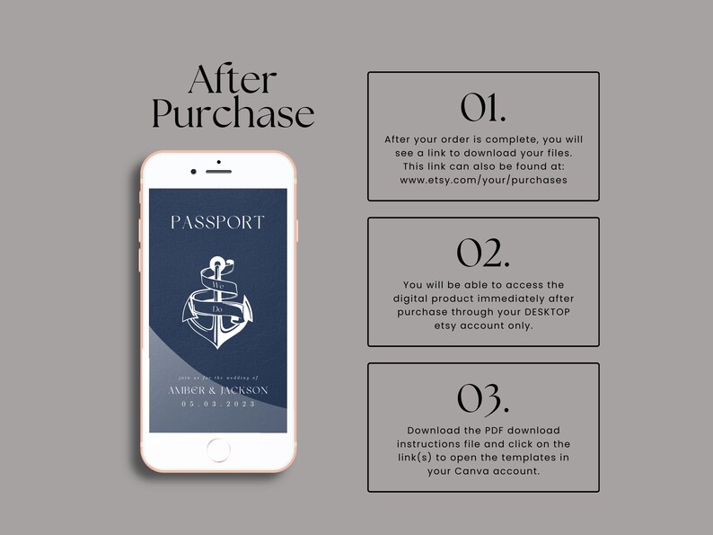 May include: A blue and white printable wedding invitation template with an anchor and the text "We Do" on a blue background. The text "Passport" is at the top of the template. The template is shown on a smartphone screen. The image also includes instructions for downloading and accessing the template after purchase.