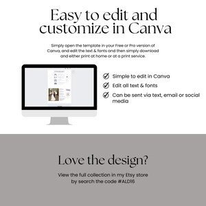 May include: A computer screen displaying a wedding invitation template with a photo of a couple in the background. The text on the screen reads "Easy to edit and customize in Canva." The text below the screen reads "Simple to edit in Canva, Edit all text & fonts, Can be sent via text, email or social media." The text below the screen reads "Love the design? View the full collection in my Etsy store by search the code #ALD16."