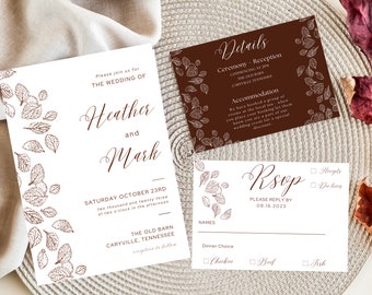 Fall Leaves Wedding Invitation Template, RSVP, Details Card (Digital Download)