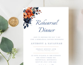 Rehearsal Dinner and Wedding Itineraries Template Set.  Blue and Orange Floral.  Instant Download.  #ALD02
