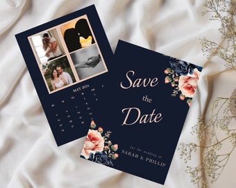 May include: Save the Date card with a navy blue background and floral design. The card features a calendar with the date circled in pink and the text "Save the Date" in pink script. The text "for the wedding of SARAH & PHILLIP" is also included in pink.