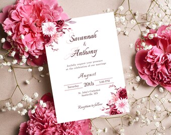 Plantilla de invitación de boda floral color burdeos / Confirmación de asistencia editable (descarga digital)
