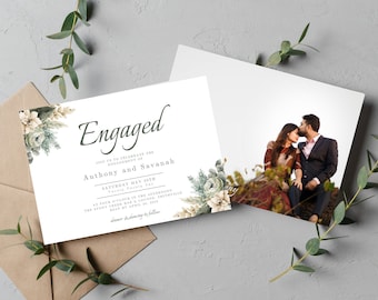 Sage Green Floral Engagement Party Invitation, Photo Template (Digital Download)