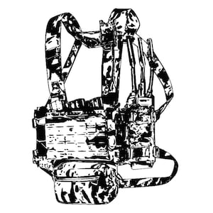 May include: A black and white camouflage tactical vest with multiple pouches and straps.