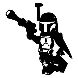 May include: Black and white silhouette of a Star Wars bounty hunter, Boba Fett, holding a blaster rifle. He is wearing a helmet and armor.