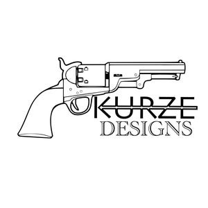 May include: A black and white line drawing of a pistol with the text "KURZE DESIGNS" below it.