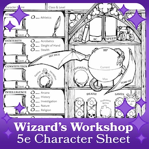 DnD Character Sheet: Wizard's Workshop. Hand-Illustrated Dark Academia-Inspired 5th Edition Character Sheet PDF - Mesmer Ink