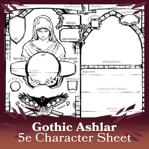 May include: A black and white character sheet for a role-playing game. The sheet has a gothic design with a raven and a woman holding a sphere. The sheet includes sections for character name, class and level, ancestry, inspiration, experience, hit dice, temporary HP, proficiency bonus, alignment, appearance, personality traits, ideals, speed, and initiative.